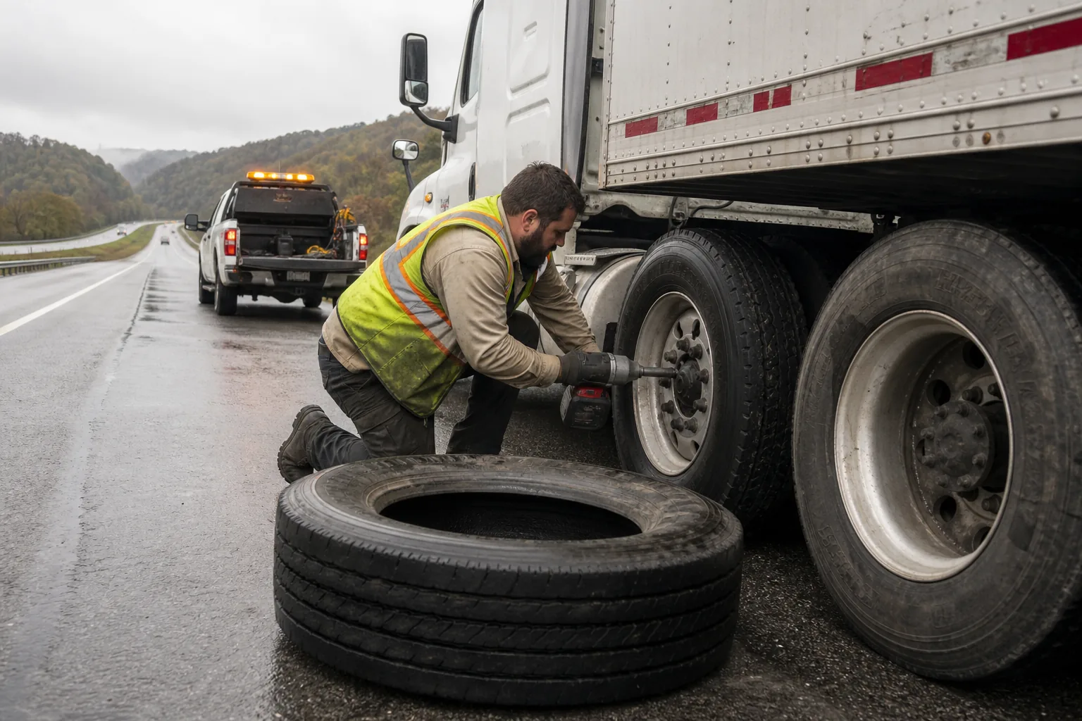 Mobile truck tire repair roadside