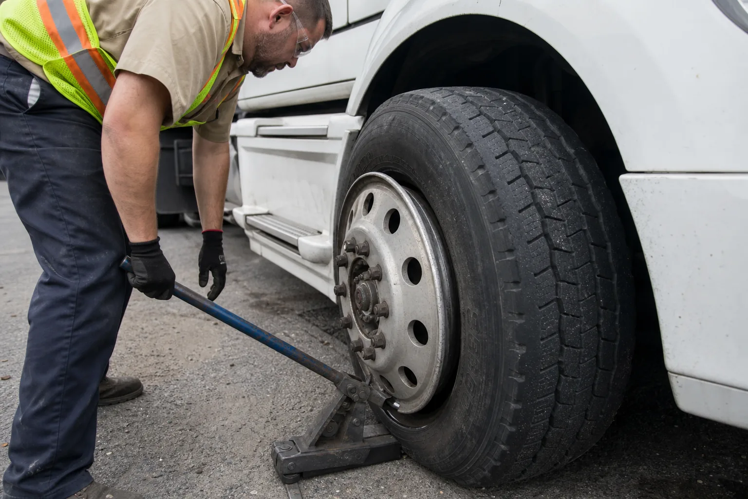 Semi truck steer tire repair